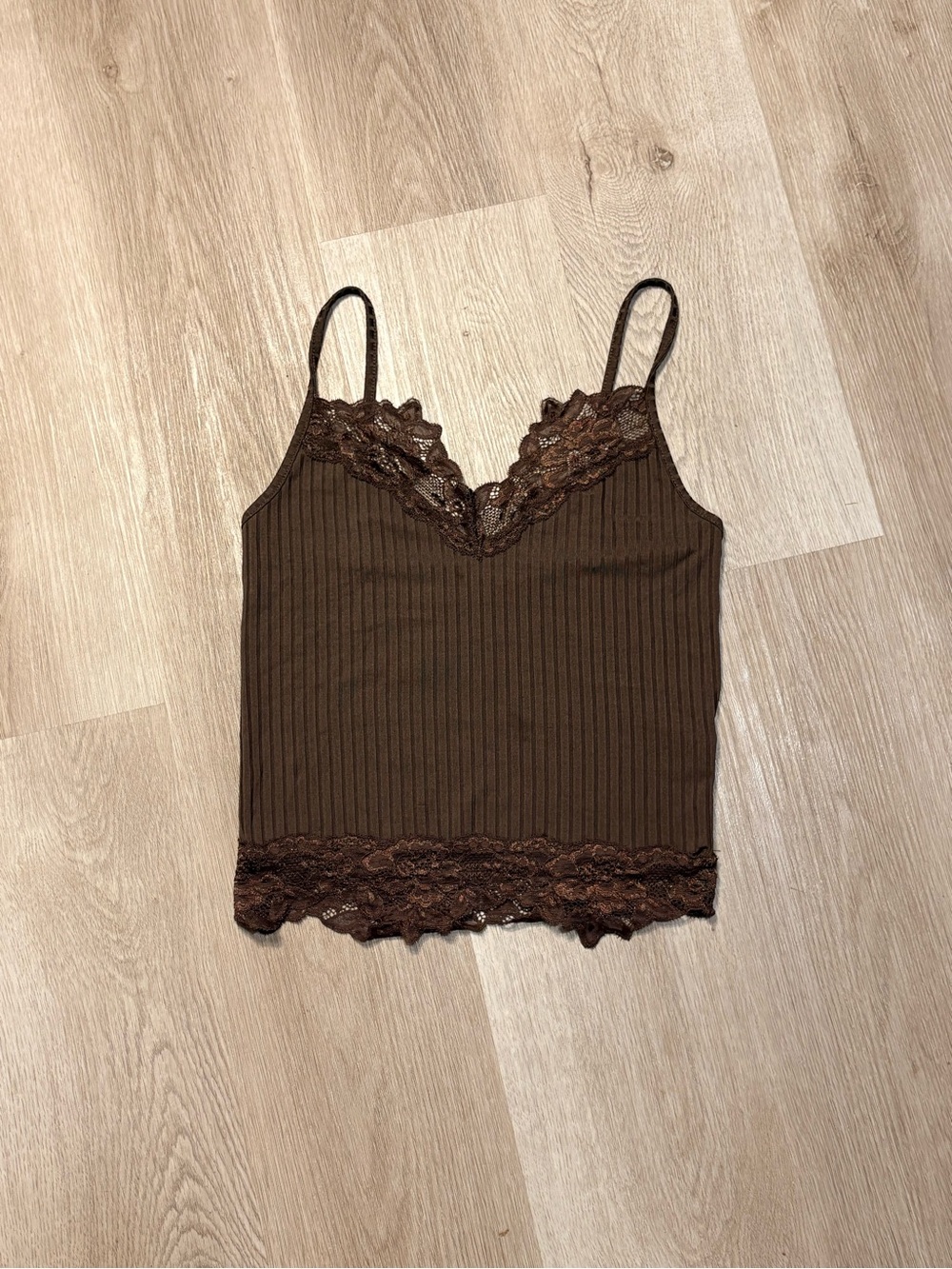 Brown Lace Cami Top Size Medium Cropped Ribbed Whimsigoth Dainty Fairy